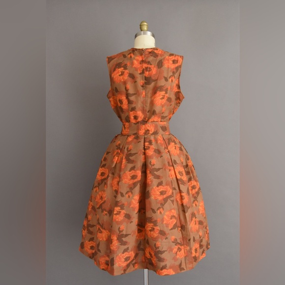 vintage 60s dress | Gorgeous Orange Floral Print Fall Full Skirt Dress - Picture 7 of 7